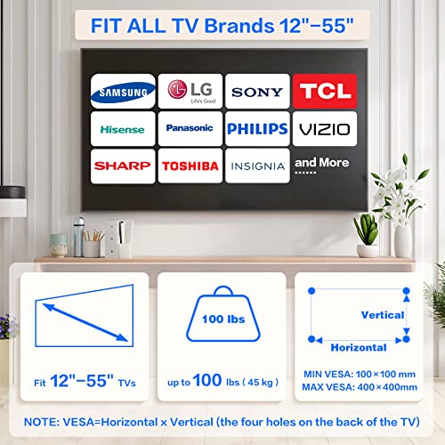 No Stud TV Wall Mount for 12-55 Inch TVs, No Drill Studless TV Drywall Mount with Max VESA 400x400mm Weight up to 100 lbs, Easy Install with All Hardware Included