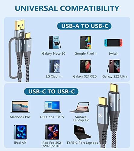 USB-C to USB-C Cable 6.6FT PD 100w MacBook iPad Pro/Air Charger 2 in 1 USB A/C to USB-C Nylon Braid Cord for iPad Pro Air 4 5 Mini 6, Samsung Galaxy S23 S22 S21 S20 S10 Note 20 10 LG Moto Pixel PS5