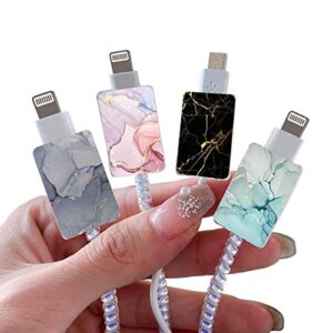 cute colorful cable protector for iphone type-c charger,kawaii luxurious marble print pattern 4 pcs set cable protector for women girls,charging cord protector,cable chomper,phone charger saver
