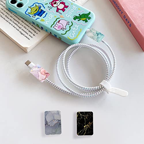 Cute Colorful Cable Protector for iPhone Type-c Charger,Kawaii Luxurious Marble Print Pattern 4 pcs Set Cable Protector for Women Girls,Charging Cord Protector,Cable Chomper,Phone Charger Saver