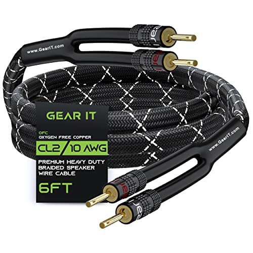 GearIT 10AWG Speaker Cable Wire with Gold-Plated Banana Tip Plugs (6 Feet) in-Wall CL2 Rated, Heavy Duty Braided, 99.9% Oxygen-Free Copper (OFC) - Black, 6ft