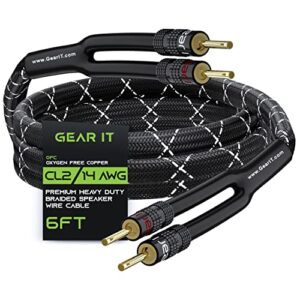 gearit 14awg premium heavy duty braided speaker wire cable (6 feet) dual gold plated banana plug tips – in-wall cl2 – oxygen-free copper (ofc) black