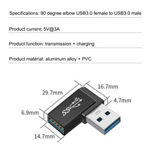 XCZZYB 90 Degree Right Angle USB 3.0 Male to Female Expansion Adapter for Connecting Mobile Hard Disk, U Disk, Wireless Network Card, Camera, Mouse, Keyboard, etc. - Black 2pack