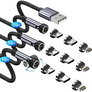 540° rotation magnetic charging cable, 3a fast charging magnetic phone charger [3-pack, 10ft] 3 in 1 magnetic usb cable support data transfer magnet charger cable for iphone/micro usb/type c device