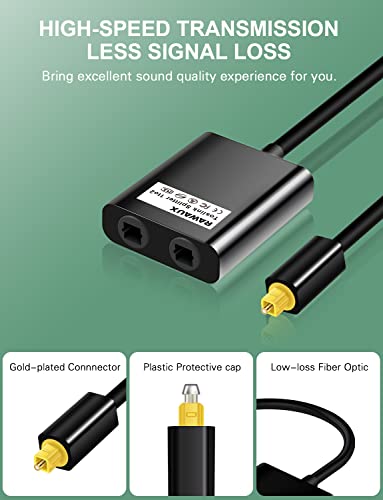 RAWAUX Digital Optical Splitter 1 in 2 Out Toslink Splitter Audio Optical Cable Adapter Fiber Converter 24K Gold Plated Connector for Home Theatre