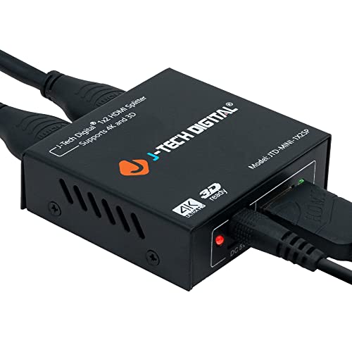 4K HDMI Splitter 1 in 2 out 1X2 Powered Splitter for Dual Monitors by J-Tech Digital Power Adaptor included [JTD-MINI-1X2SP]