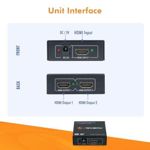 4K HDMI Splitter 1 in 2 out 1X2 Powered Splitter for Dual Monitors by J-Tech Digital Power Adaptor included [JTD-MINI-1X2SP]