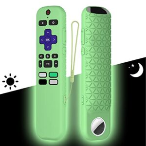 seltureone 2 in 1 remote cover with airtag holder for roku voice remote (glow in the dark), roku remote cover silicone protective case, anti slip shock absorption washable, green