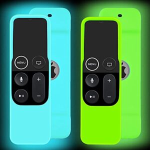 2 pack case glow in the dark compatible with apple tv 4k/ 4th gen remote light weight anti-slip shock proof silicone cover for controller for apple tv siri remote – green and blue