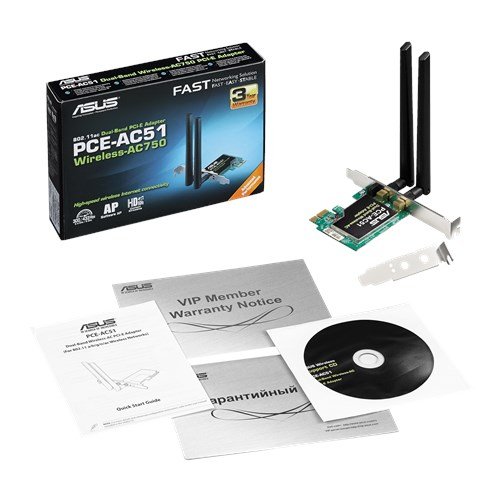 ASUS AC750 Dual Band PCIe WiFi Adapter (PCE-AC51) - Compatible with PCIe x1/x16 slot, Detachable Antennas for Flexible Placement, Easy Setup, Supports Window Windows 10/8.1/7, Linux