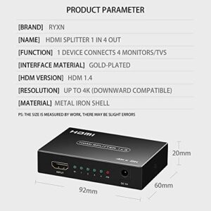 HDMI Splitter 1 in 4 Out, 1x4 HDMI Splitter Support 4K@60Hz Full HD 1080P & 3D, Compatible with Xbox PS3/4 Roku Blu-Ray Player