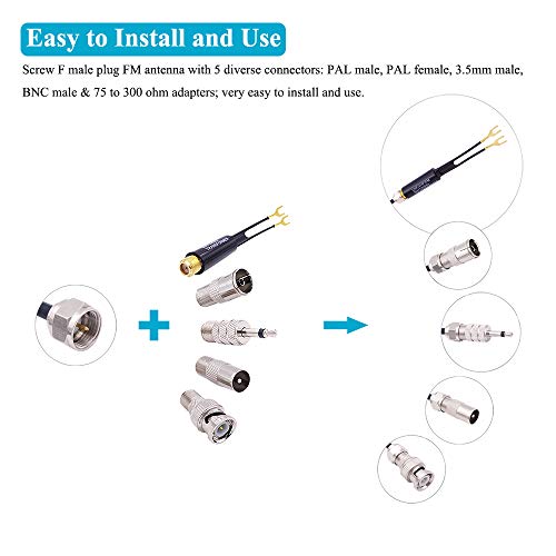 Fancasee Universal FM Antenna Magnetic Base 75 Ohm Screw F Male Plug with PAL BNC 3.5mm & 75 to 300 Ohm Connector Adapter Coax Coaxial Cable FM Radio Antenna for Home AV Stereo Receiver Indoor Outdoor