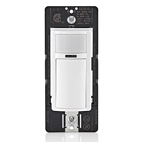Leviton DOS15-1LZ Decora Occupancy Motion Sensor In-Wall Switch, Auto-On, 15A, Single Pole, Multi-Way or Multi-Sensor, White with Ivory, Light Almond Faceplates