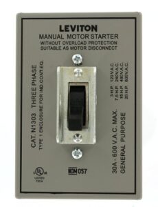 leviton n1303-ds 30 amp, 600 volt, toggle three-pole ac motor starter, suitable as motor disconnect, in type 1 metal enclosure, industrial grade, grounded, gray