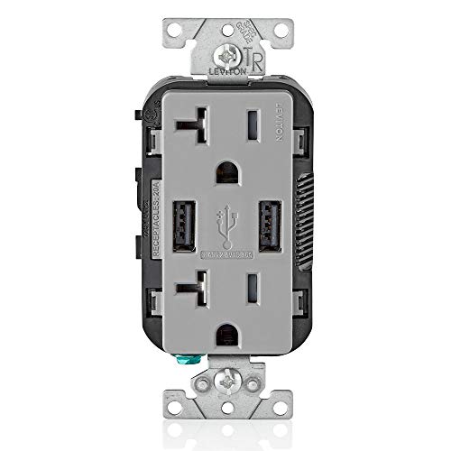 Leviton T5832-GY 20-Amp USB Charger/Tamper Resistant Duplex Receptacle, Gray, 1-Pack