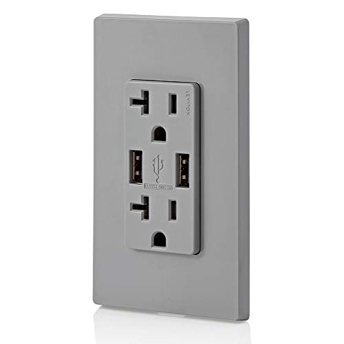 Leviton T5832-GY 20-Amp USB Charger/Tamper Resistant Duplex Receptacle, Gray, 1-Pack