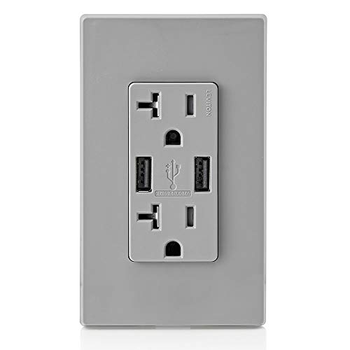 Leviton T5832-GY 20-Amp USB Charger/Tamper Resistant Duplex Receptacle, Gray, 1-Pack