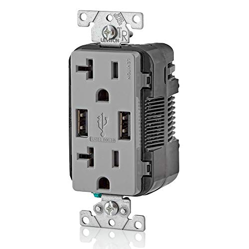 Leviton T5832-GY 20-Amp USB Charger/Tamper Resistant Duplex Receptacle, Gray, 1-Pack