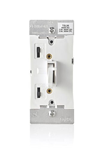 Leviton TSL06-1LW Toggle Slide Universal Dimmer, 300-Watt Dimmable LED and CFL, 600-Watt Incandescent and Halogen for Single Pole or 3-Way, with Locator Light, 1-Pack, White