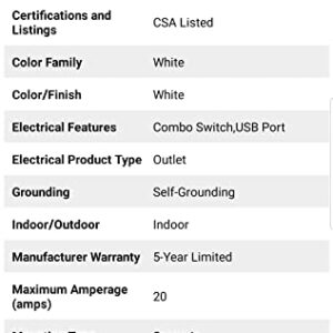 Leviton T5832-2BW USB Dual Type-A in-Wall Charger with 20 Amp, 125 Volt Tamper-Resistant Outlet, White