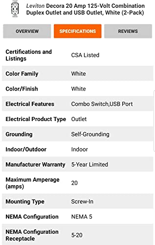 Leviton T5832-2BW USB Dual Type-A in-Wall Charger with 20 Amp, 125 Volt Tamper-Resistant Outlet, White