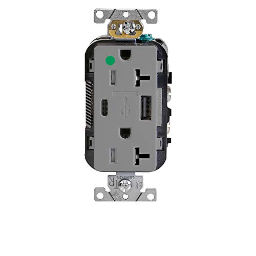 Leviton T5833-HGG Heavy-Duty Hospital Grade, Tamper Resistant, Type A-C USB Charger Receptacles, 20 Amp, Gray