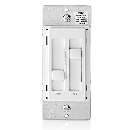 Leviton 66DF-10W SureSlide Dual Quiet Light Control for 150W LED, 300W Incandescent/Halogen, 1.5 Amp Fan, 120V, White