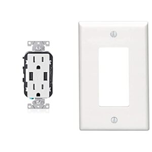 leviton t5632-w 15-amp charger/tamper resistant duplex receptacle, 1-pack, white & 80601-w 1-gang decora/gfci device wallplate, midway size, thermoset, device mount, white