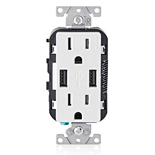 Leviton T5632-W 15-Amp Charger/Tamper Resistant Duplex Receptacle, 1-Pack, White & 80601-W 1-Gang Decora/GFCI Device Wallplate, Midway Size, Thermoset, Device Mount, White