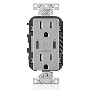 leviton t5635-g usb dual type-c with power delivery (pd) in-wall charger with 15 amp, 125 volt tamper-resistant outlet, gray with screwless wallplates, 2-pack