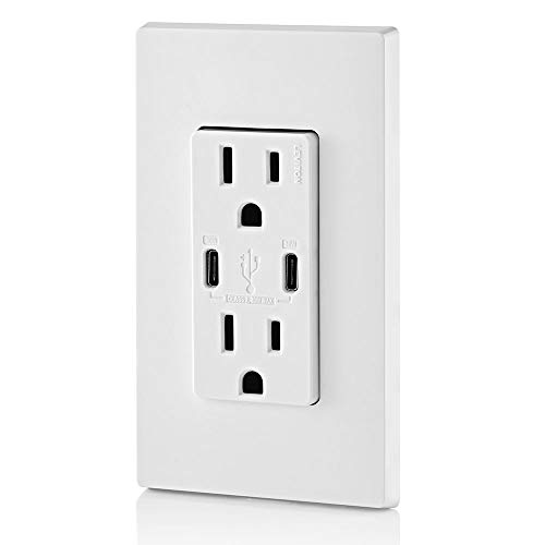 Leviton T5635-W USB Dual Type-C with Power Delivery (PD) In-Wall Charger & T5632-W 15-Amp Charger/Tamper Resistant Duplex Receptacle, 1-Pack, White