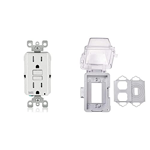 Leviton GFWT1-W Self, Resistant and Tamper, 15-Amp, White & TayMac MM420C 1-Gang Nonmetallic Extra Duty Weatherproof in-Use Horizontal/Vertical 16-in-1 Standard Cover, 2.75 in, Clear