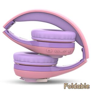 Riwbox Kids Headphones, Baosilon CB-7S Cat Kids Toddler Headphones with LED Light, 75/85/95dB Volume Limited, Kids Wireless Headphones with Mic for School/Tablet/Girls (Purple)