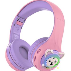 Riwbox Kids Headphones, Baosilon CB-7S Cat Kids Toddler Headphones with LED Light, 75/85/95dB Volume Limited, Kids Wireless Headphones with Mic for School/Tablet/Girls (Purple)