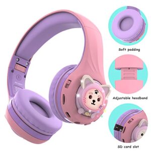 Riwbox Kids Headphones, Baosilon CB-7S Cat Kids Toddler Headphones with LED Light, 75/85/95dB Volume Limited, Kids Wireless Headphones with Mic for School/Tablet/Girls (Purple)