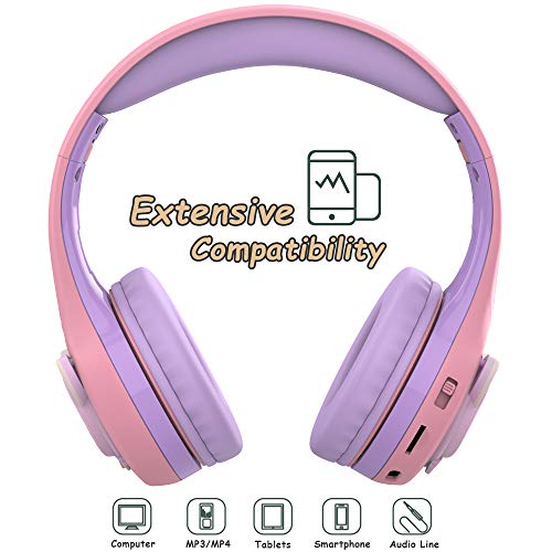 Riwbox Kids Headphones, Baosilon CB-7S Cat Kids Toddler Headphones with LED Light, 75/85/95dB Volume Limited, Kids Wireless Headphones with Mic for School/Tablet/Girls (Purple)