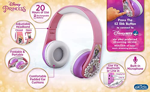 eKids Disney Princess Bluetooth Headphones with EZ Link, Wireless Headphones with Microphone and Aux Cord, Kids Headphones for School, Home, or Travel