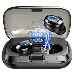 mugo wireless earbud, wireless headphones bluetooth 5.1 headphones with microphone, ip7 waterproof stereo bluetooth earphones ear bud, in-ear headset with lcd display usb-c fast charge (black)