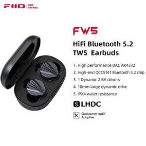 FiiO FW5 TWS Bluetooth 5.2 Earphone, True Wirless Earbuds 10mm Dynamic Driver for Hi-Res Premium Sound, LHDC/aptX Adaptive, App Customization