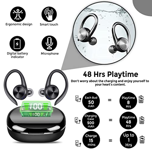 Wireless Earbuds Headphones Over Ear, True Wireless in Ear with Microphone, Deep Bass, Loud Voice Sport Earphones with Charging Case for Outdoor Running Gym Workout Sports