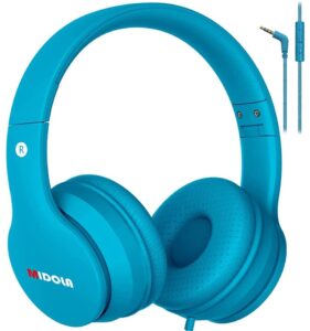 midola kids headphones wired over ear foldable volume limit 85db /110db light foldable headset with inline aux 3.5mm mic for child boy girl travel school gaming pad pc laptop tablet blue