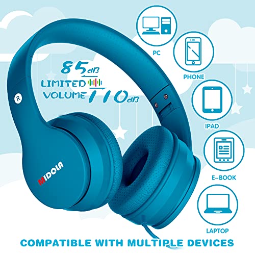 MIDOLA Kids Headphones Wired Over Ear Foldable Volume Limit 85dB /110dB Light Foldable Headset with Inline AUX 3.5mm Mic for Child Boy Girl Travel School Gaming Pad PC Laptop Tablet Blue