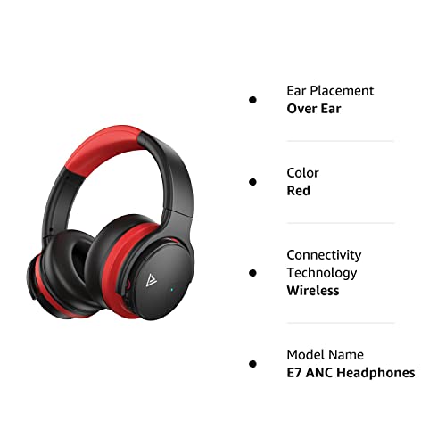 PurelySound E7 Active Noise Cancelling Headphones, Wireless Over Ear Bluetooth Headphones, 20H Playtime, Rich Deep Bass, Comfortable Memory Foam Ear Cups for Travel, Home Office - Red