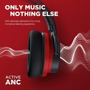 PurelySound E7 Active Noise Cancelling Headphones, Wireless Over Ear Bluetooth Headphones, 20H Playtime, Rich Deep Bass, Comfortable Memory Foam Ear Cups for Travel, Home Office - Red