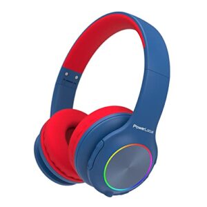 powerlocus kids headphones, bluetooth headphones over ear for kids with led lights, 94db volume limited headphone, micro sd/tf, foldable with hi-fi stereo, built-in mic for school/tablet/travel (red)