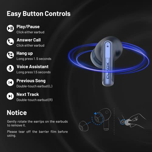 CLAOX Buds Active Noise Cancelling Earbuds, 5.3 Bluetooth Headphones, Wireless Earphones with Wireless Charging Case, Bluetooth Headset Built in Mic, Blue Earbuds for iPhone & Android