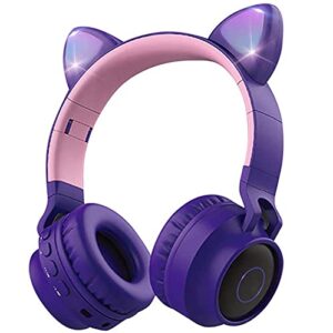 aresrora wireless bluetooth kids headphones, cat ears bluetooth over ear headphones volume limiting,led lights, fm radio, tf card, aux, mic for iphone/ipad/kindle/laptop/pc/tv (purple)