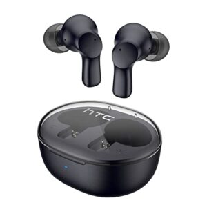 htc 2023 true wireless earbuds 1 bluetooth 5.1 stereo earphones, in ear headphone with transparent charging case, 32-hour playtime/built-in microphone/touch control for calling -crystal black