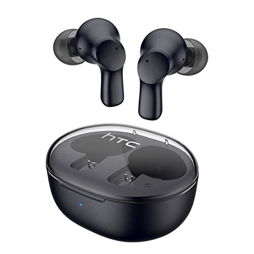 HTC 2023 True Wireless Earbuds 1 Bluetooth 5.1 Stereo Earphones, in Ear Headphone with Transparent Charging Case, 32-Hour Playtime/Built-in Microphone/Touch Control for Calling -Crystal Black