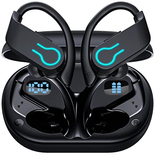 FBJJ Wireless Earbuds Bluetooth 5.3 Headphones, Over-Ear Sport Ear Buds with Earhooks 60H Playtime, Noise Cancelling Waterproof Wireless Workout Earphones with Dual LED Display, for Sports Exercise